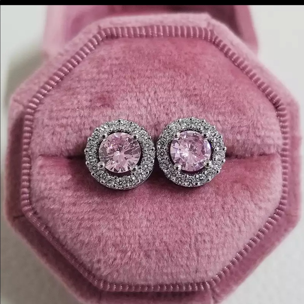 925 Sterling silver pink CZ earrings stud - Picture 1 of 1
